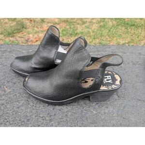 Fly London Women's Wari Slingback Heeled Sandals Sz 39 Black Leather Peep Toe